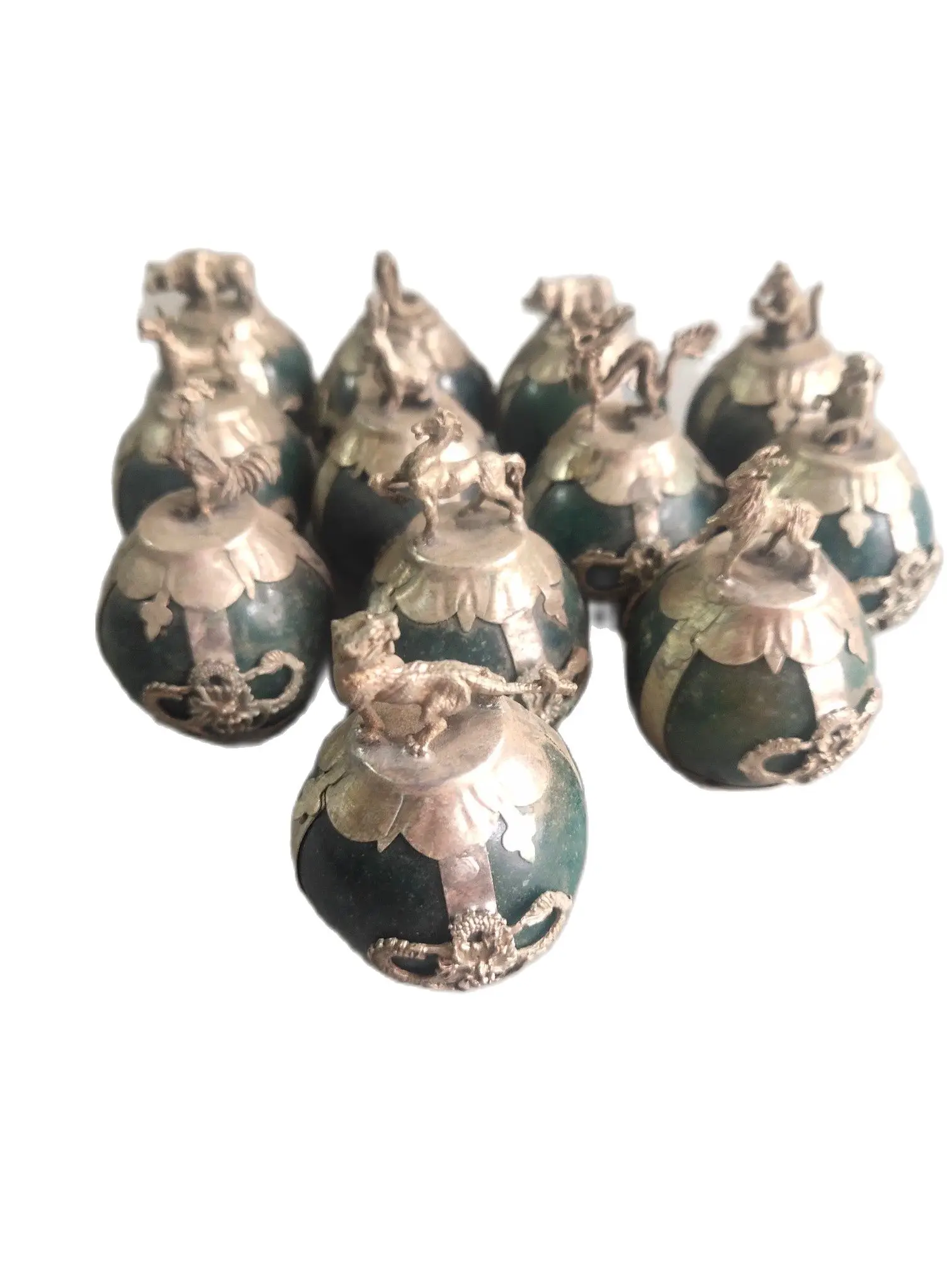 

Eastern Countries Antique Art High Quality Chinese Old Tibet Silver 12 Animals Small Green Jade Statue ,12 Piece/Lot