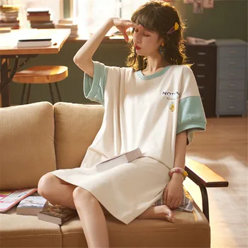 

Lady Sleepwear Cartoon Sleepwear Nightgown Short Sleeve Women 100% Cotton Nightdress Casual Summer Sexy Nightwear Sleepshirt