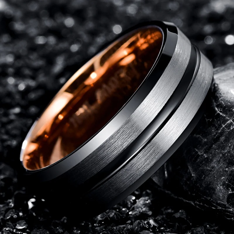 8 мм ширина Гальваническое розовое золото внутреннее кольцо+ черный скос паз/сталь матовая поверхность вольфрамовое стальное кольцо