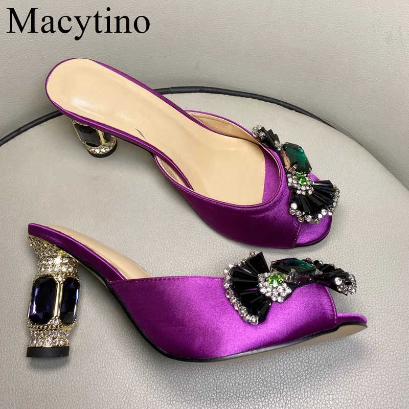 Silk High Heel Slippers Women Purple Satin Bowknot Ladies Shoes Summer