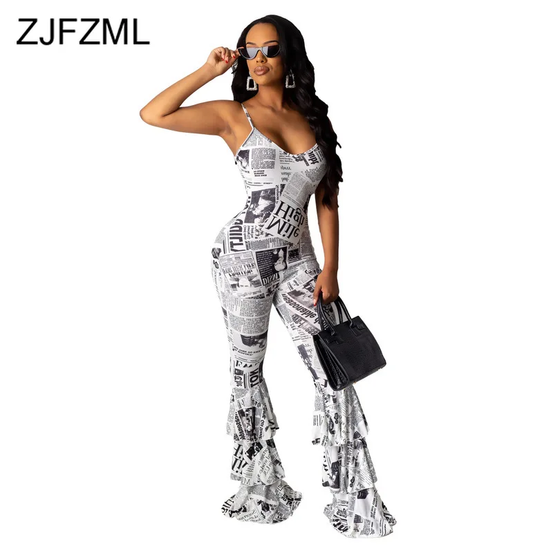 

Newspaper Print Sexy Jumpsuits For Women Spaghetti Strap Sleeveless Flare Romper Autumn Deep V Neck Open Back Ruffles Playsuit