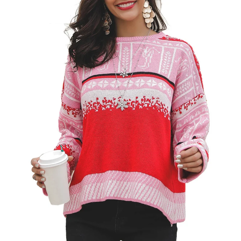 Pullover Ladies Sweatershirt Women's Christmas Jumper Sweater Casual Knitted Long Sleeve Top Winter Sweater Warm Clothing - Цвет: Красный