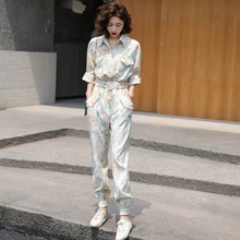 

New Autumn Spring Women Belt Tunic Print Jumpsuits Female High Waist Harem Trousers Overalls Romper Holiday Long Playsuit