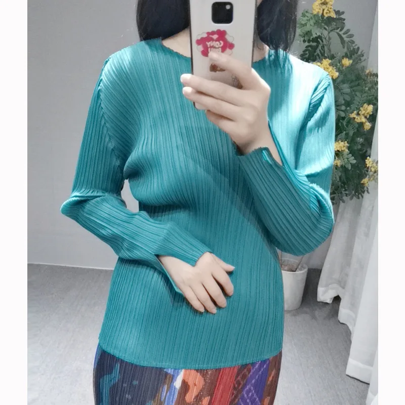 MIYAKE плиссированная Базовая футболка с разрезными манжетами, круглый вырез, длинный рукав, большой размер, Тонкий Топ, плиссированная футболка - Цвет: Peacock blue