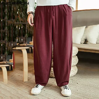 

INCERUN Vintage Mens Wide Leg Pants Solid Color Cotton Loose Drawstring 2020 Joggers Harem Pants Streetwear Trousers Men S-5XL