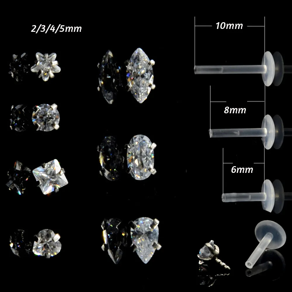 1Pc Bioplast Flexible 16G 6/8mm Ear Cartilage Tragus Piercing Body Jewelry Push-in Labret Lip Stud with Press Fit Steel Zircon - Image 2