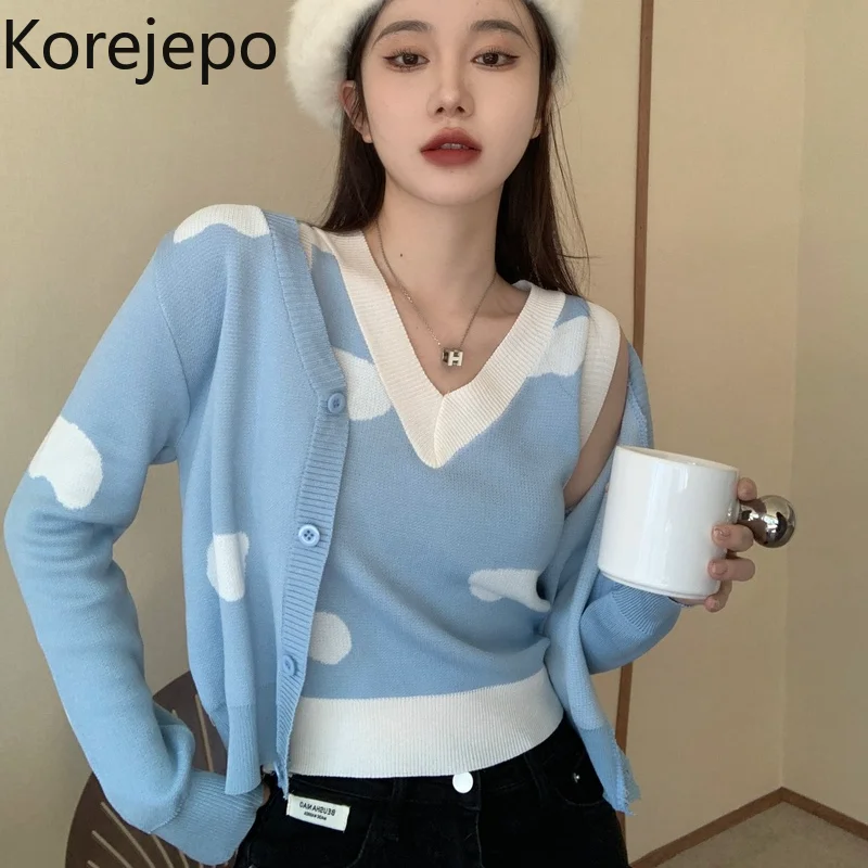 Korejepo Two Piece Set Sweater Women Spring and Antumn 2022 New Contrast Jacquard Short Cardigan Knitted Vest Suits |