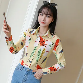 

Office Lady Blouse Shirt 2020 Spring Autumn New Slim Shirt Long Sleeve Print Stripe Bottoming Shirt Turn-down Collar Top Women