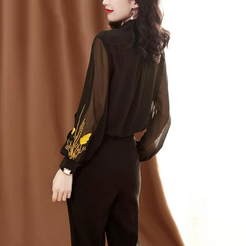 

Black Puff sleeve Chiffon Office Shirt Women Elegant Patchwork Mesh Tops Ladies Office Plus size Work Blouse Autumn Embroidery