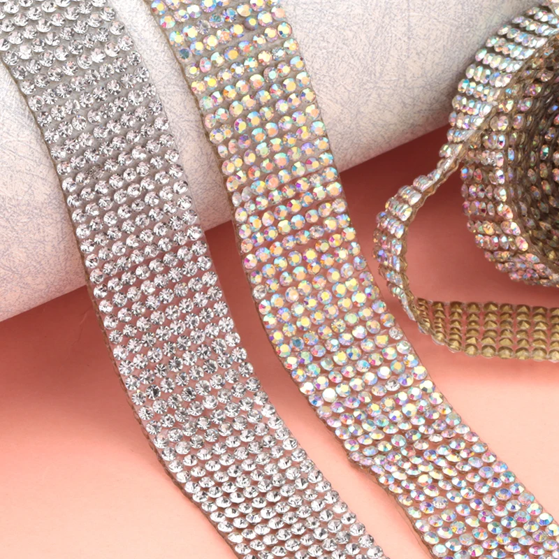 

1 Yard 6/8/12 Rows Rhinestone Sewing Trim Hot-Fix Crystal Glass Tape Ribbon Wedding Dress Decoration Bridal Applique