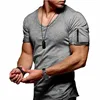 2022 New Men's V-neck T-shirt Fitness Bodybuilding T-shirt High Street Summer Short-Sleeved Zipper Casual Cotton Top ► Photo 2/6