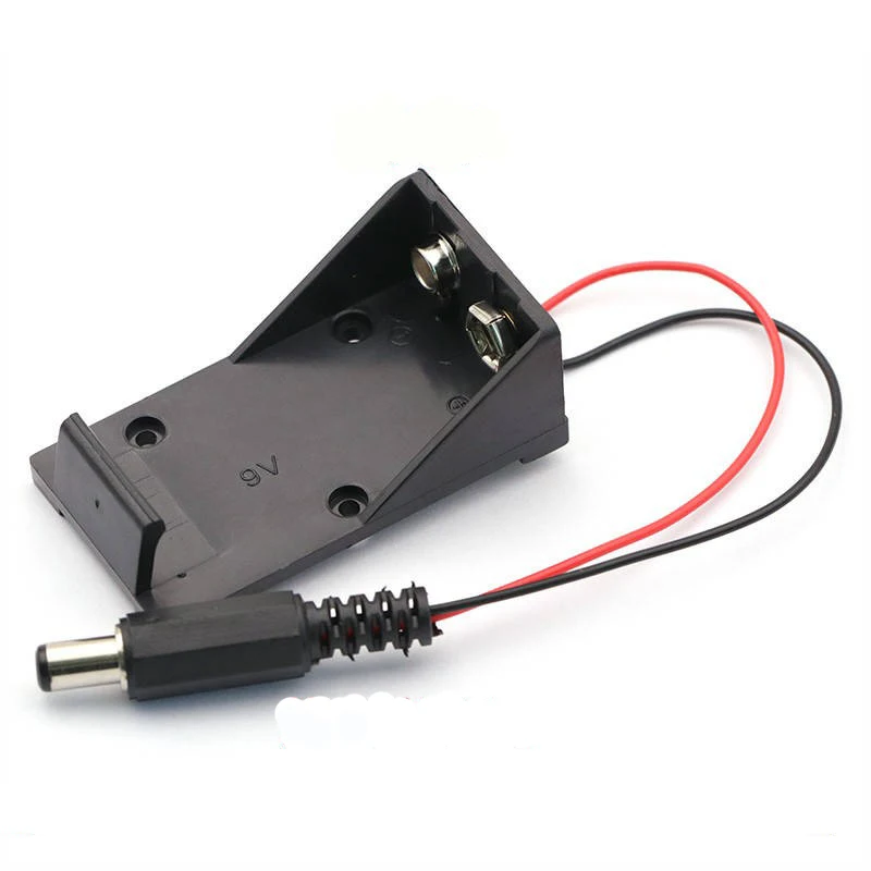 

Single Slot 1 x 9V Cell Battery Spring Clip Holder Case Batteries Storage Box with Wire DC Plug 5.5 x 2.1mm For Arduino