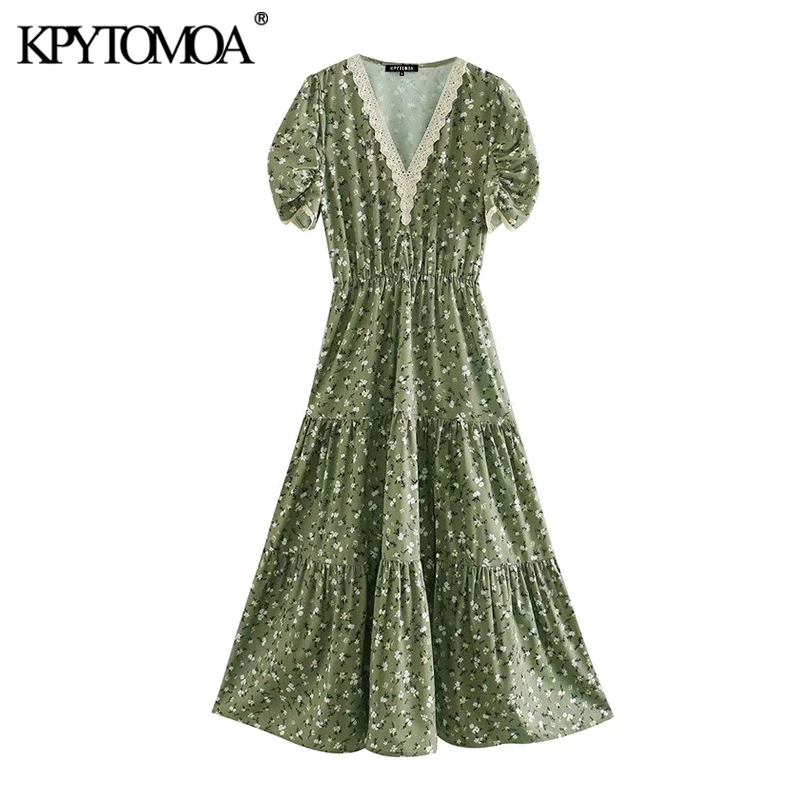 KPYTOMOA Women 2020 Chic Fashion Floral Print Lace Patchwork Midi Dress Vintage Short Sleeve Elastic Waist Female Dresses Mujer KPYTOMOA Women 2020 Chic Fashion Floral Print Lace Patchwork Midi Dress Vintage Short Sleeve Elastic Waist Female Dresses Mujer