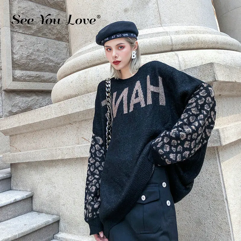 

See you love Letter Bigsize Knitting Sweater Loose Fit Round Neck Long Sleeve Women Sweater New Fashion Tide Autumn Winter 2019