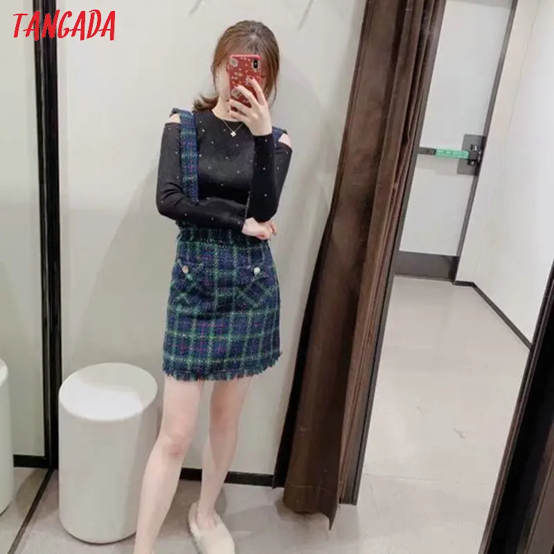Tangada женские зеленый узор в шотландском стиле, платье без рукавов, на пуговицах, с карманами в Корейском стиле зимние женские мини-платье vestidos 3H111