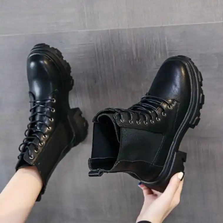 Botas de tacón medio con punta redonda para mujer, botines con cordones, de  diseñador de lujo, color negro, 2021|Botas hasta el tobillo| - AliExpress