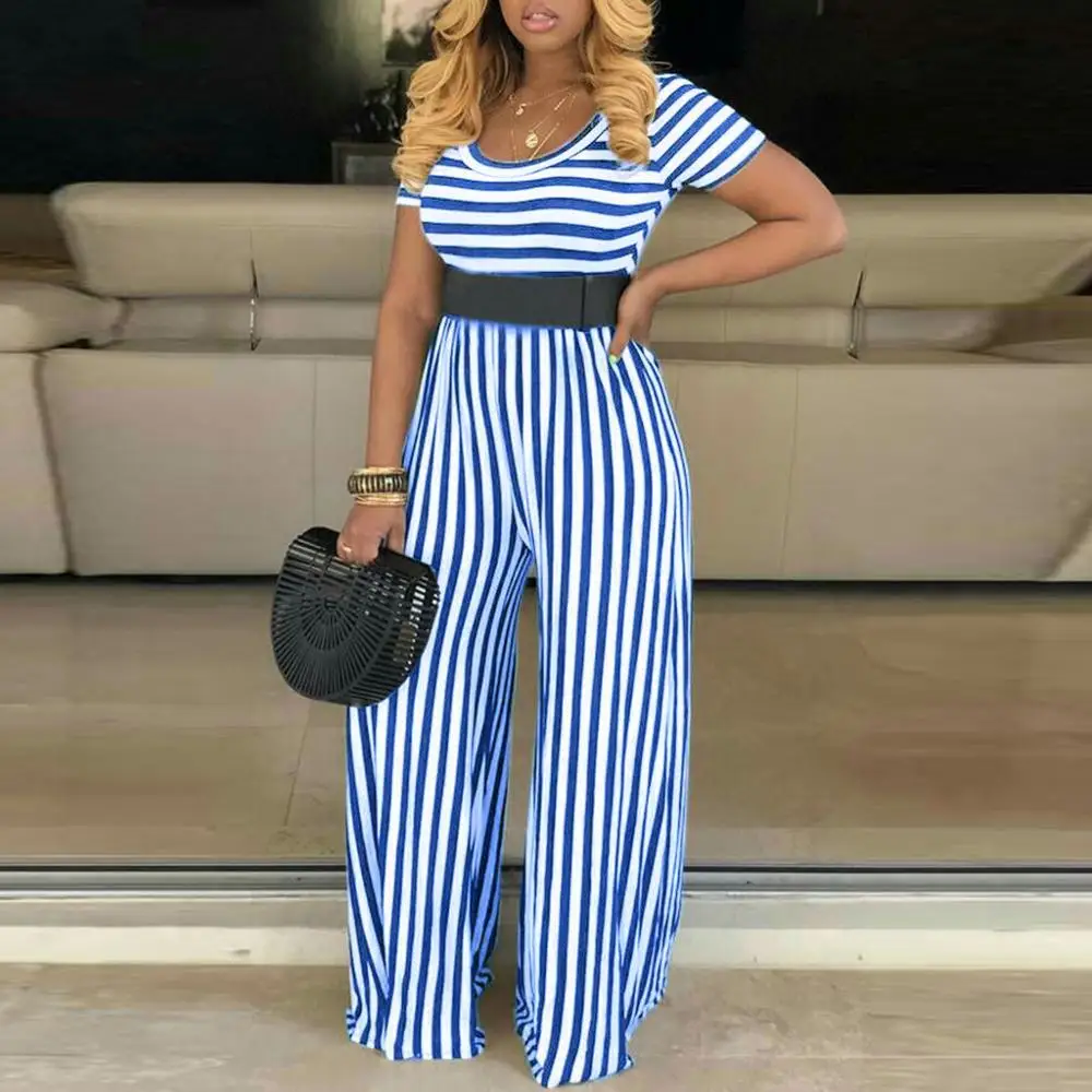 

Women Jumpsuits Summer Autumn O-Neck Striped Printed Short Sleeve Loose Long Daily Casual Brief Jumpsuits Combinaison Femme