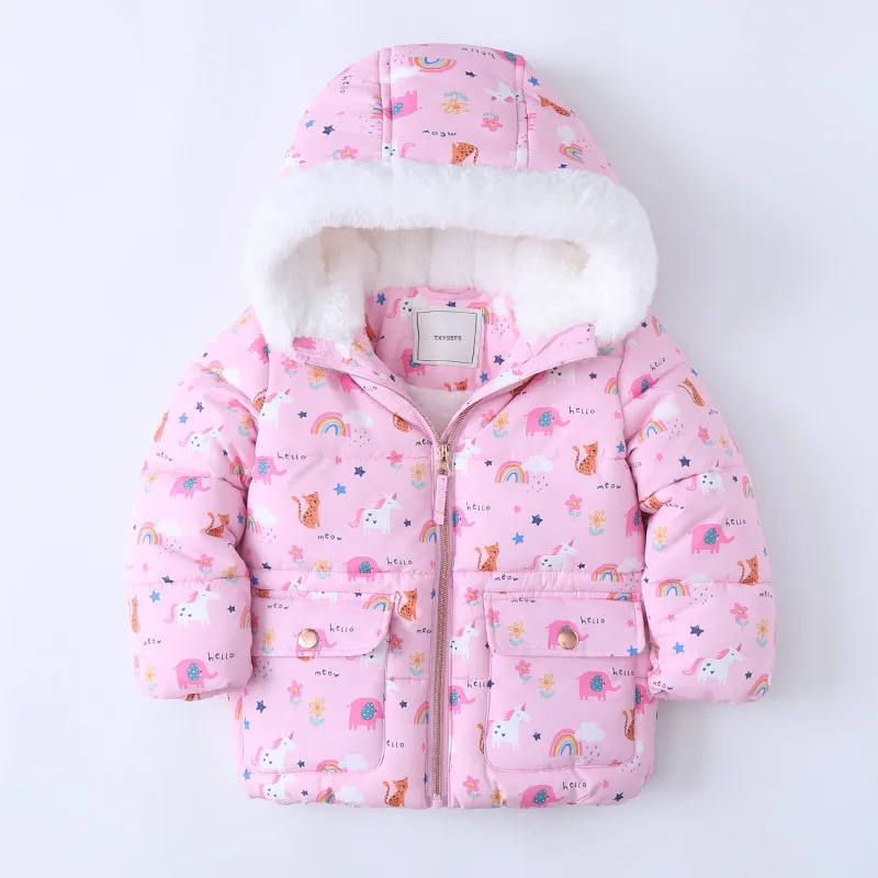 

New Winter Girls Jackets And Coats Hooded Unicorn Rainbow Pattern Kids Warm Coat Plus Velvet Girls Parkas Children Coat