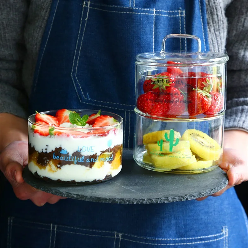 

Dessert Bowl Cute Printed Heat-Resistant Syrup Bowl Creative with Fruit Salad Bowl Cubilose Bowl Transparent Glass Bowl