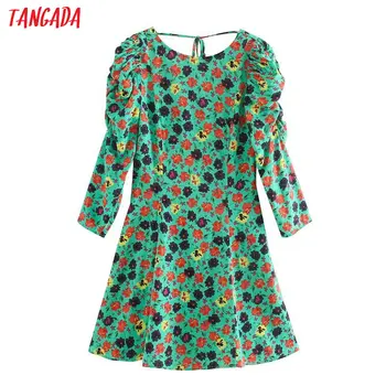 

Tangada women flowers print green mini dress backless bow puff long sleeve ladies vintage short dress vestidos 5Z60