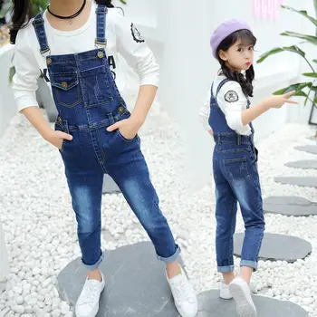 

Spring Autumn Kids Girl Suspender Jeans Bib Pants Children Denim Jumpsuit Overall Teenage Girls Casual Suspender Trousers 5-14T