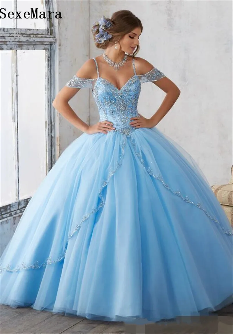 Светло-Небесно-Голубое Бальное платье Бальные платья шапки рукава Спагетти Бисером Кристалл Принцесса выпускного вечера платья для сладких 16y