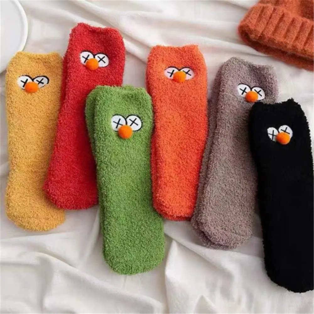 

New Woman Socks Candy Color Winter Thick Fluffy Warm Coral Fleece Tube Socks Cute Cartoon Home Soft Sleep Floor Sock New Arrival