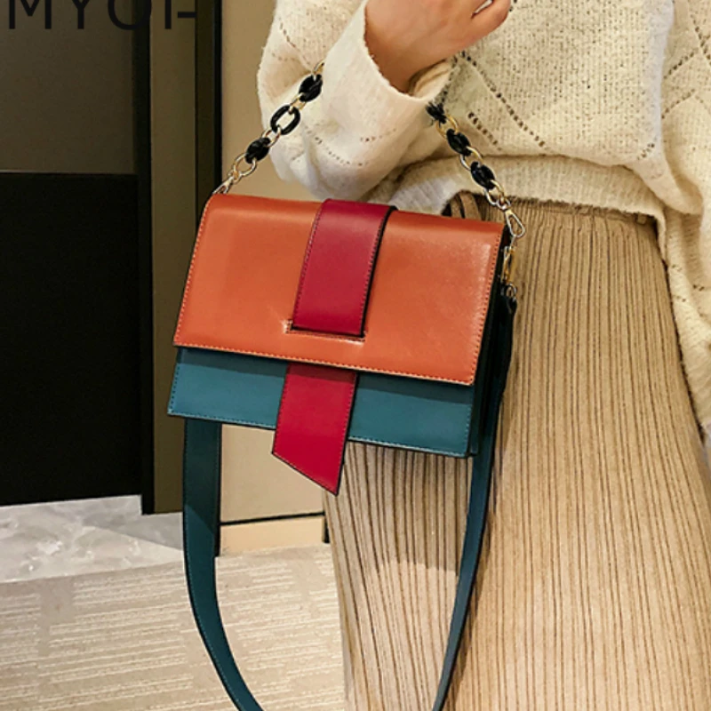 

Fashion Women PU Leather Messenger Bag Vintage Contrast Color Chain Ladies Shoulder Bag Luxury Designer Handbags Clutch Purse