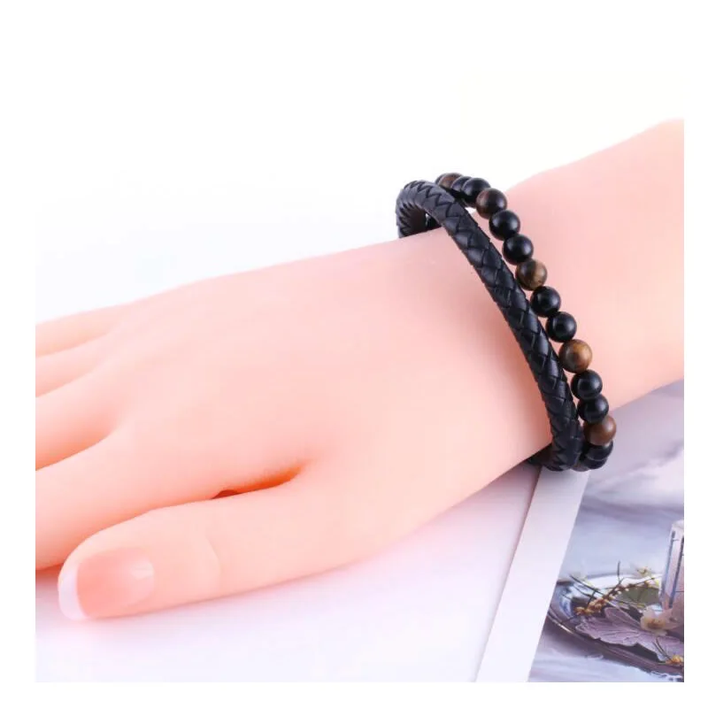 

2020 Fashion Men Jewelry Natural Stone Genuine Leather Bracelet Black Stainless Steel Magnetic Clasp Tiger eye Bead Bracelet Men