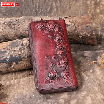 

2020 New Women's Wallet Retro Flowers Female Long Zipper Wallets Real Genuine Leather Handbag Card Holder Coins Purses Phone Bag