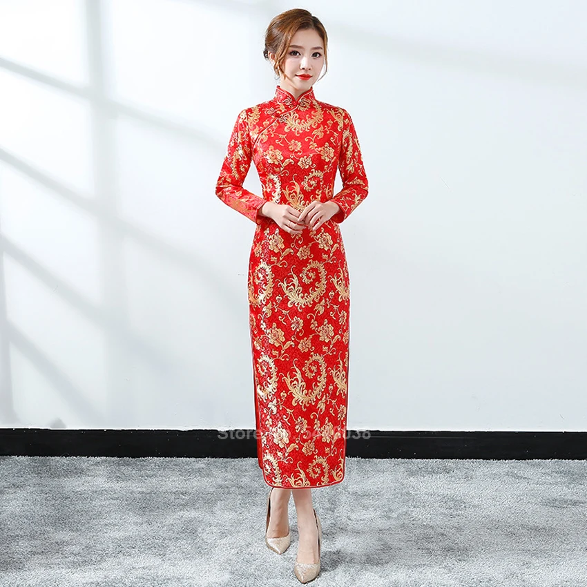 Китайский стиль традиционная одежда Cheongsam Qipao для женщин Винтаж невесты Свадебные красный узор печатных атласное платье длинное Vestido