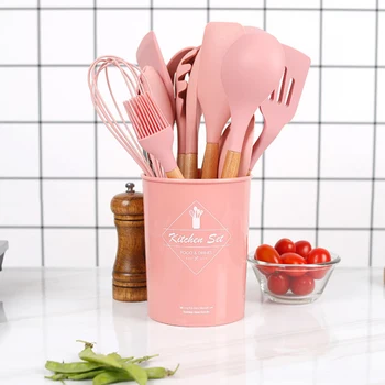 

12PCS Silicone Cooking Utensils Set Non-stick Spatula Shovel Wooden Handle Cooking Tools Set With Storage Box Kitchen Tools