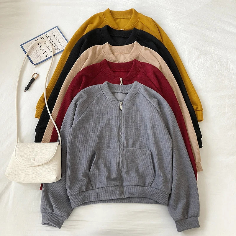 

Spring Autumn Stand Collar Zipper Jacket Women Solid Long Sleeve Pockets Short Coats Outwear 5 Colors Thin Baseball Jackets