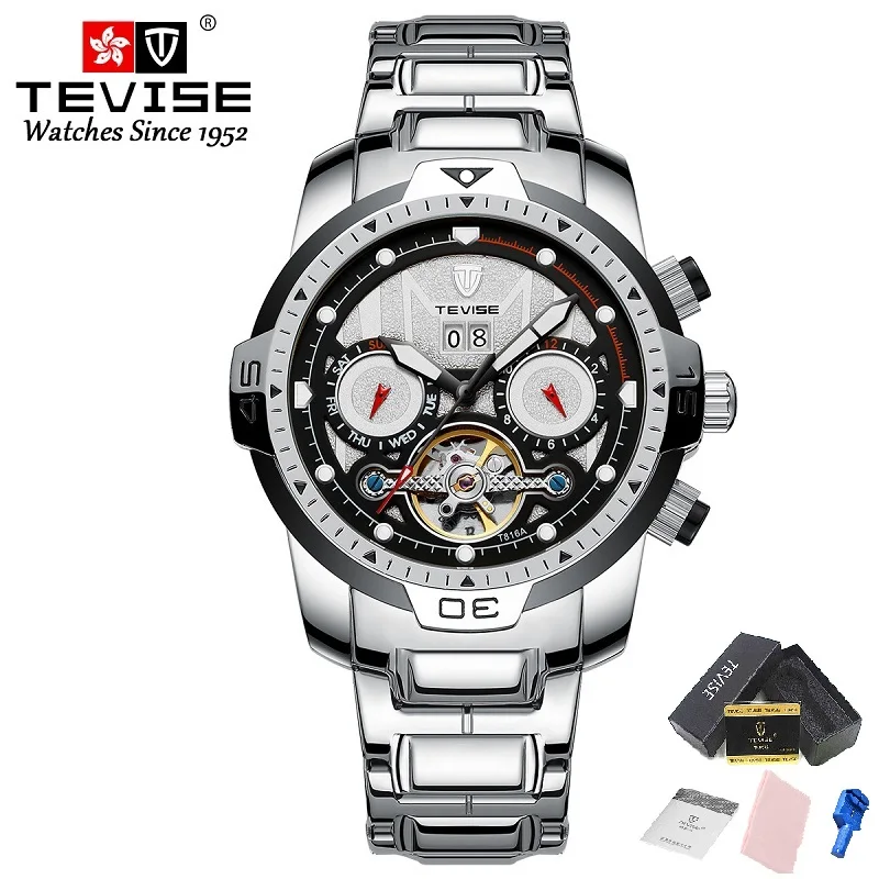 Большие мужские часы TEVISE T816A Tourbillon Week Дата месяц автоматические механические наручные часы светящиеся ручные весы часы мужские дропшиппинг - Цвет: Silver with Tool