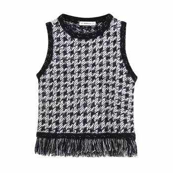 

Autumn 2019 women's new metallic yarn mixed fabric knitted vest with tassel and twill soft vest 06873134800