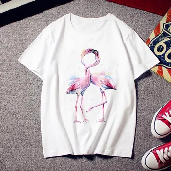 

2020 summer flamingo ladies T-shirt female Harajuku print casual fashion T-shirt O-neck white retro top female cloth T-shirt