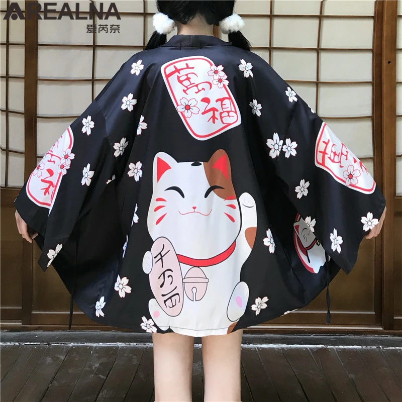 Japanese Kimono Traditional Anime Lucky Cat Women Cardigan with Blet Dress Summer Beach Yukata