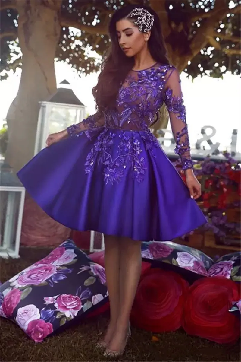 Satin A Line Homecoming Dresses Long Sleeves Sexy See Through Top Cocktail Party Women Wear Beaded Applique Short Prom Gowns