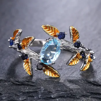 

Exquisite Female Zircon Finger Ring Luxury Two Tone Gold Oval Sea Blue Crystal Elegant Leaf Flower Engagement Ring Jewelry