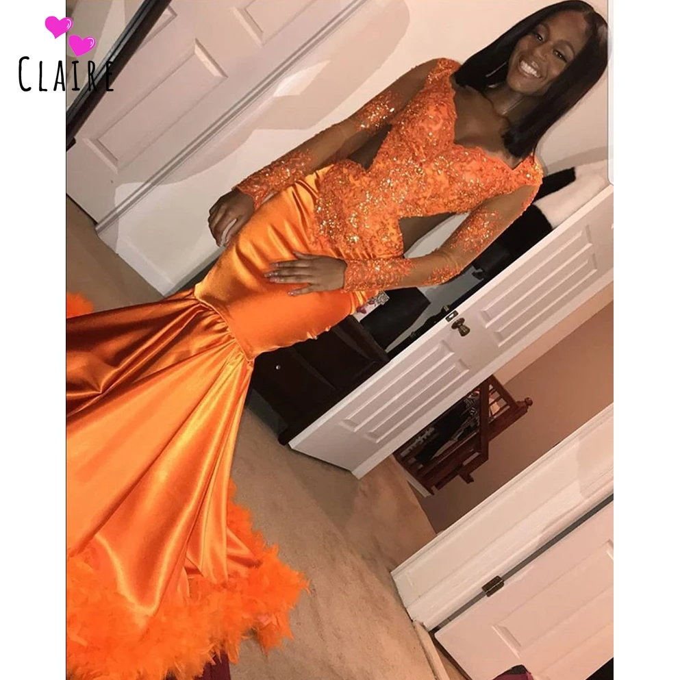 

Orange Prom Dresses 2019 For Black Girls Long Sleeves Lace Beads Feathers Formal Wedding Guest Dresses African CP017