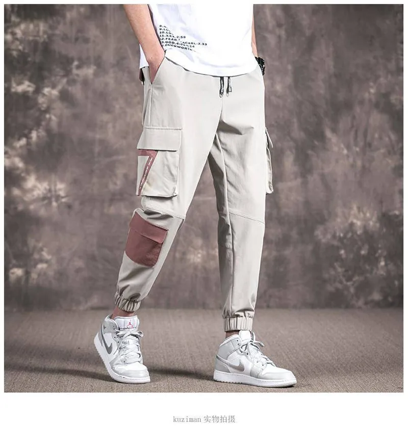 Cargo Pants Men Polyester Comfortable Drawstring Joggers Trousers Black White Many Pockets Ankle Banded Male Casual Pants Boys