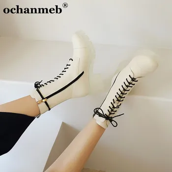 

ochanmeb stylish jelly crystal clear heels platform martin boots women chic transparent outsole cross tie ankle boots beige shoe