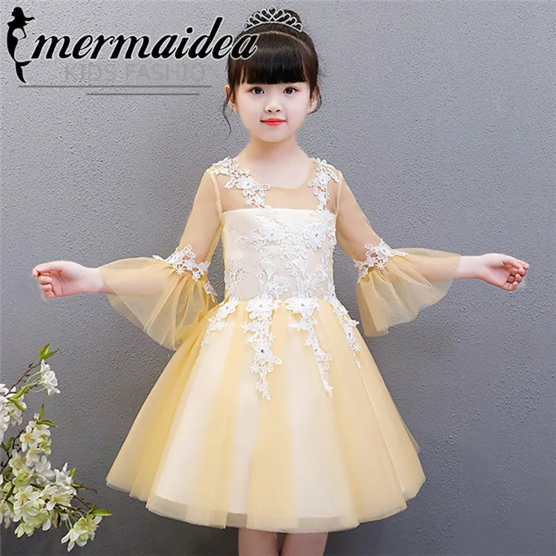 yellow short dress Детское кружевное бальное платье принцессы с вышивкой для девочек на день рождения, свадьбу, вечеринку, детское милое платье для танцев, подарок с расклешенными рукавами - Цвет: yellow short dress