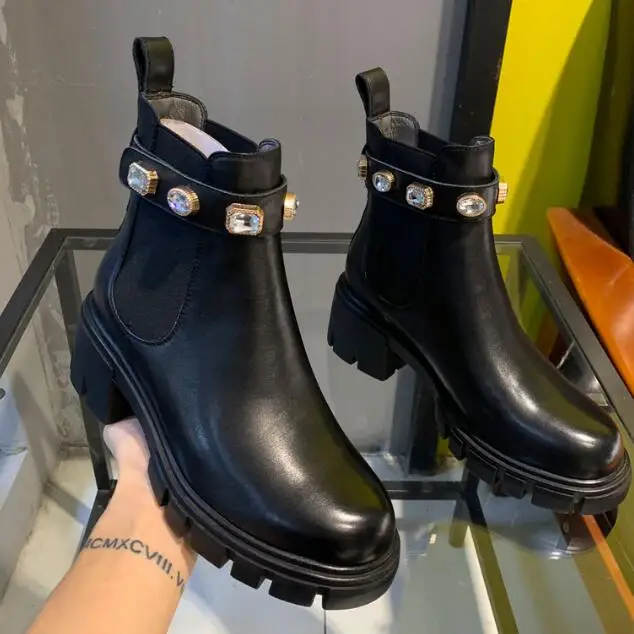 2020 Black White Leather Crystal String Bead Elastic band Women Ankle Boots Martin Height Increasing Shoes Woman | Обувь