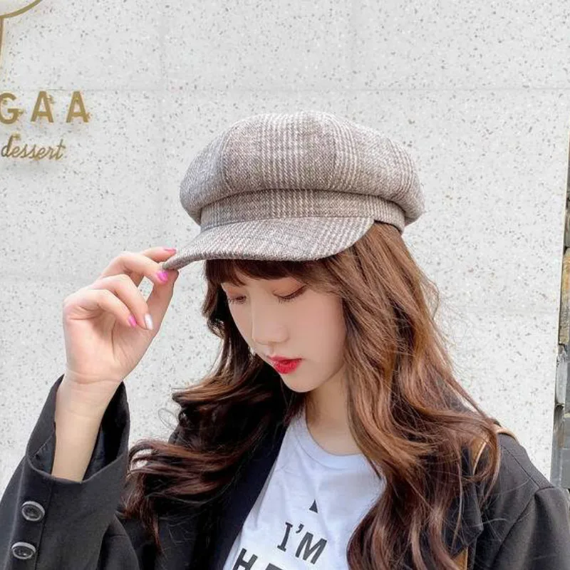 

British Style Wool Women Beret Autumn Winter Octagonal Cap Hats Stylish Artist Painter Newsboy Caps Lattice Grey Beret Hats