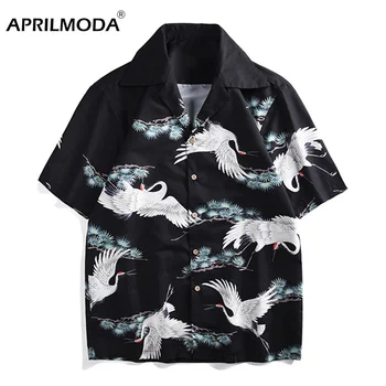 

2019 Blusas Top Crane Printed Shirt Short Sleeve Turn-down Collar Hawaii Style Blouses Men'sn Vintage Shirts Summer Hiphop Shirt