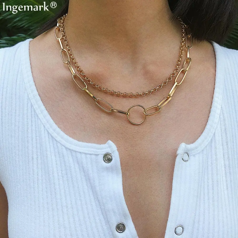 

Ingemark Punk Layered Cuban Choker Necklace Collar Statement Steampunk Hip Hop Round Chunky Chain Necklaces Women Best Jewelry