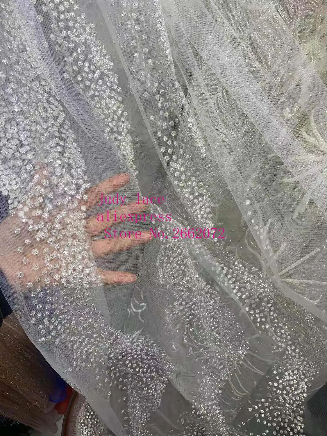 5 ярдов/сумка Серебряная блестящая пудра с белым фоном и волнистая блестящая пудра модная ткань для свадебного платья дизайн YOUX