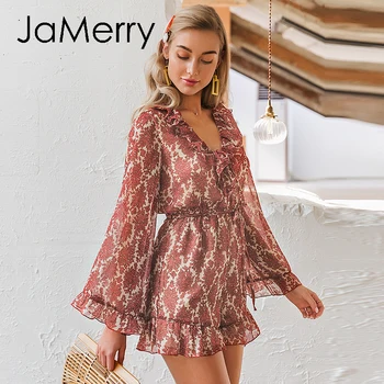 

JaMerry V neck lace up floral print women playsuits Elegant flare sleeve chiffon jumpsuits romper Holiday beach ladies overalls