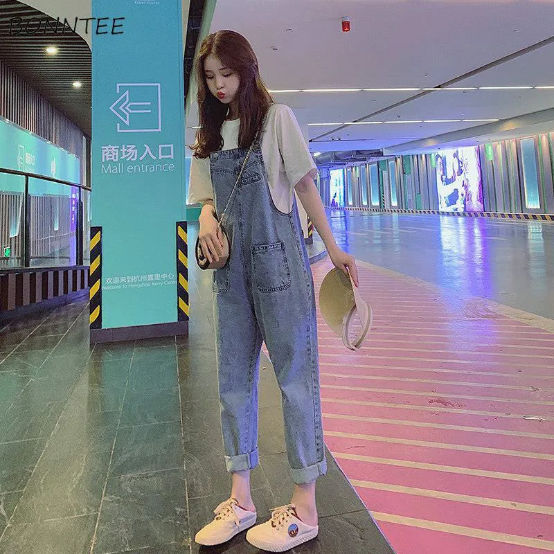 Jumpsuits Women Denim Washed Blue Overalls Korean Style Casual Loose